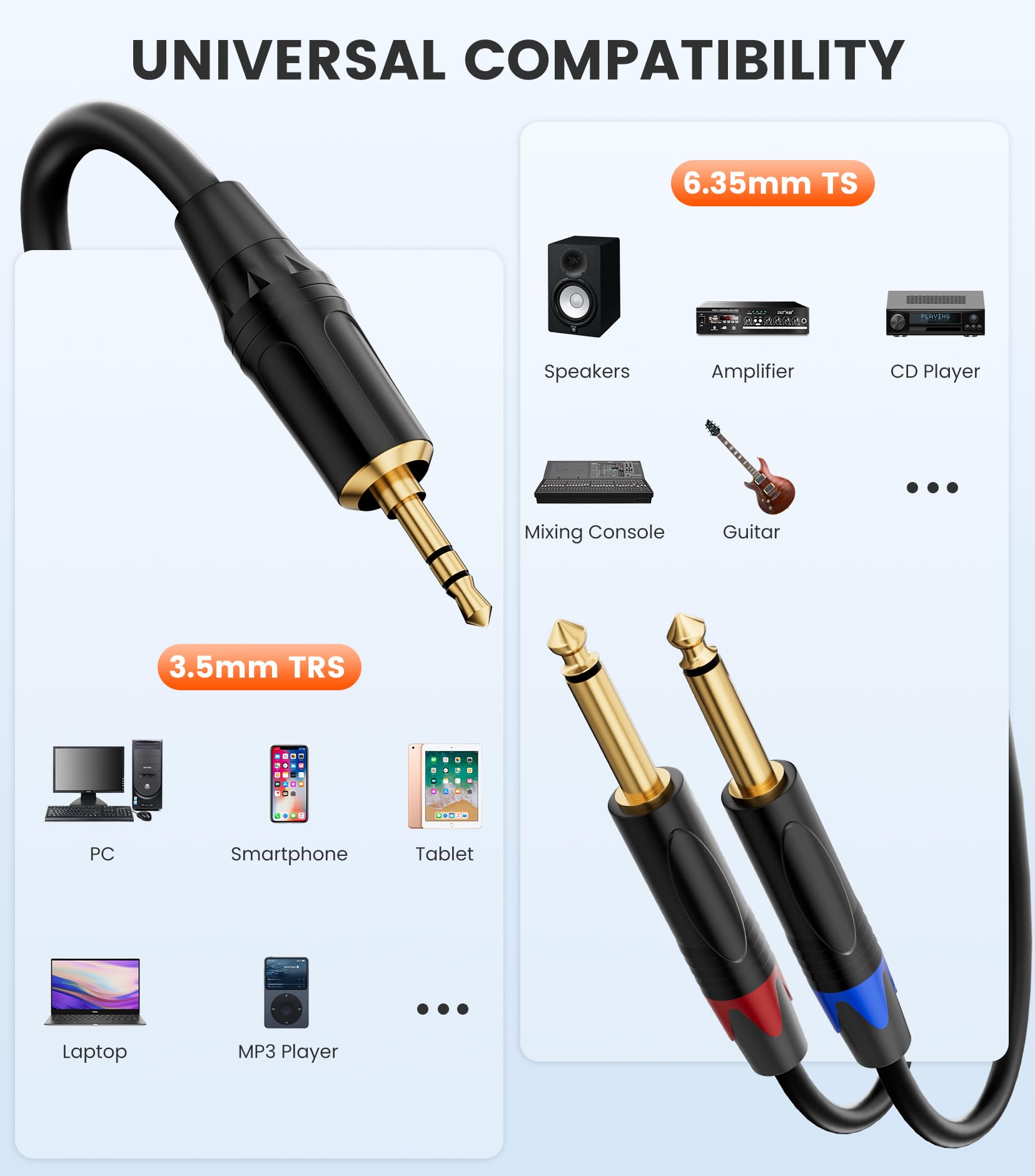 JOMLEY 1/8 ila 1/4 Stereo Kablo, Çift 1/4 İnç TS Mono - 1/8 İnç